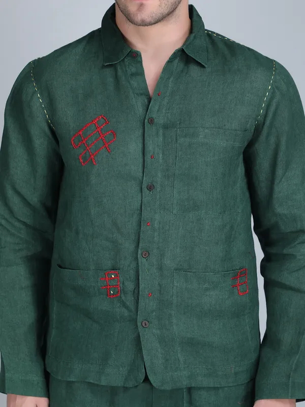 Green_Pure_Linen_Hand_Embroidered_Shirt_With_Pants_Co-Ord_Set_For_Men