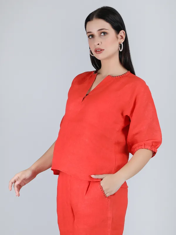 Orange_Pure_Linen_Hand_Embroidered_Top_For_Women