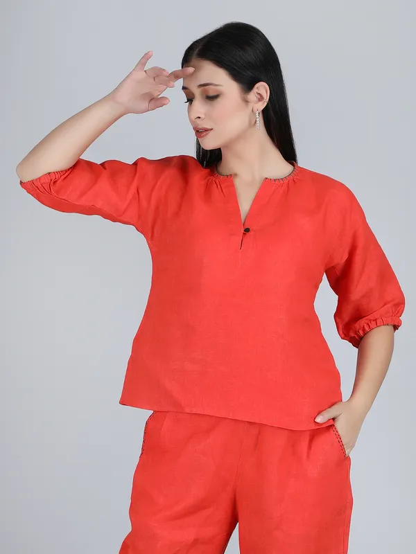 Orange_Pure_Linen_Hand_Embroidered_Top_For_Women