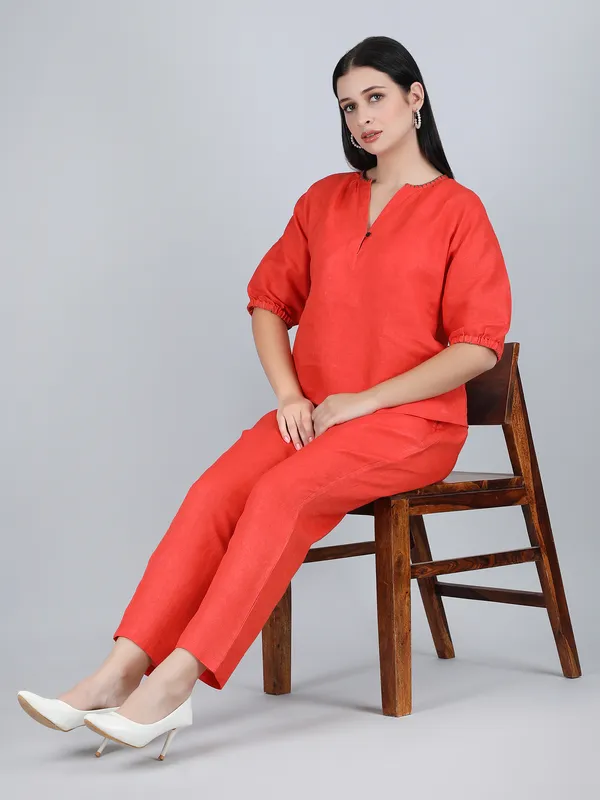 Orange_Pure_Linen_Hand_Embroidered_Top_For_Women