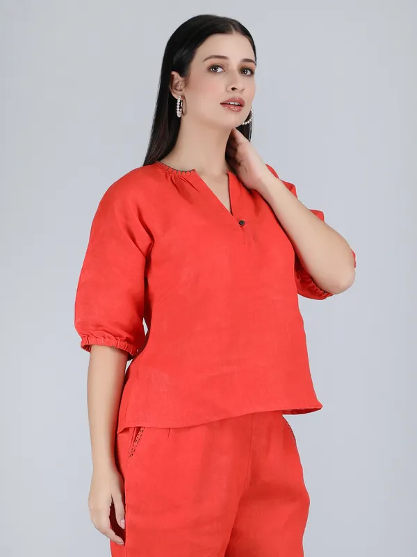 Orange_Pure_Linen_Hand_Embroidered_Top_For_Women