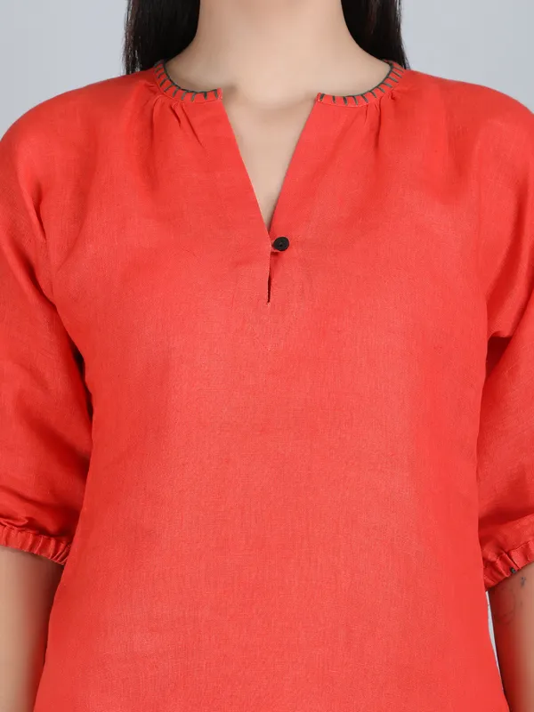 Orange_Pure_Linen_Hand_Embroidered_Top_For_Women