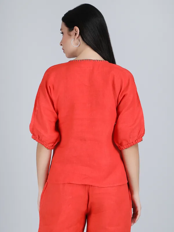 Orange_Pure_Linen_Hand_Embroidered_Top_For_Women