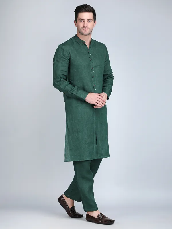 Green_Pure_Linen_Hand_Embroidered_Kurta_With_Pants_For_Men