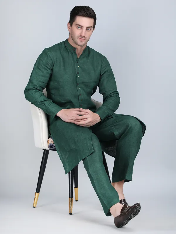 Green_Pure_Linen_Hand_Embroidered_Kurta_With_Pants_For_Men