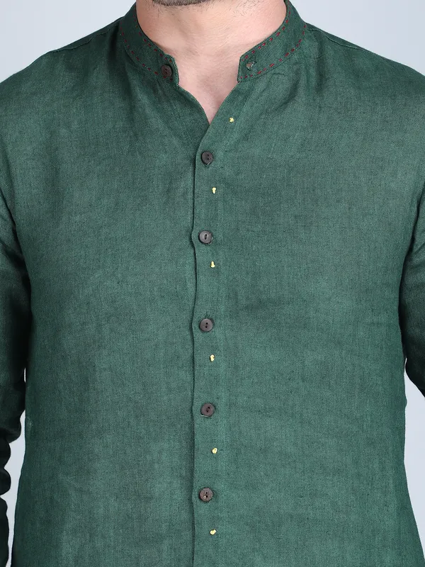 Green_Pure_Linen_Hand_Embroidered_Kurta_With_Pants_For_Men