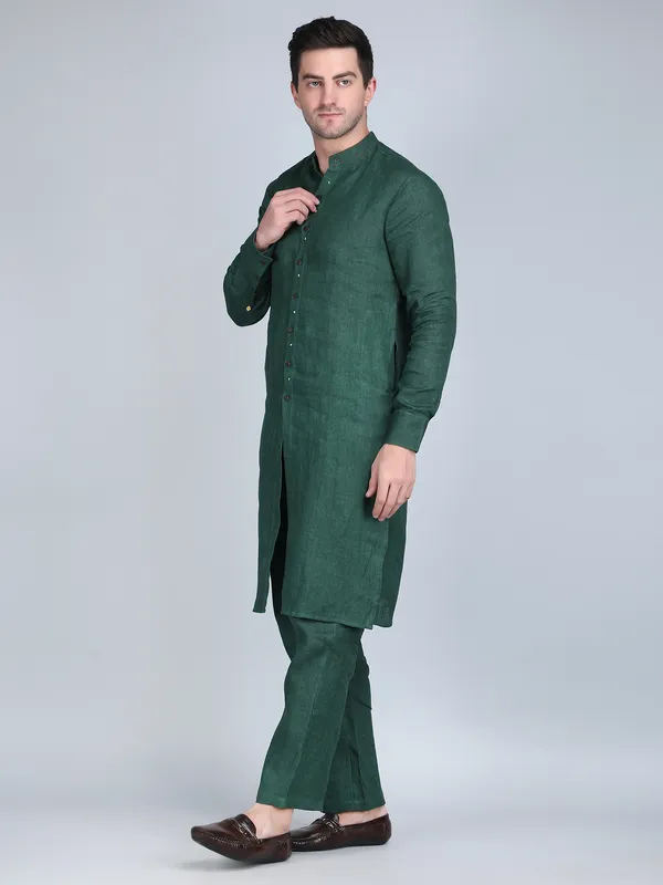 Green_Pure_Linen_Hand_Embroidered_Kurta_With_Pants_For_Men