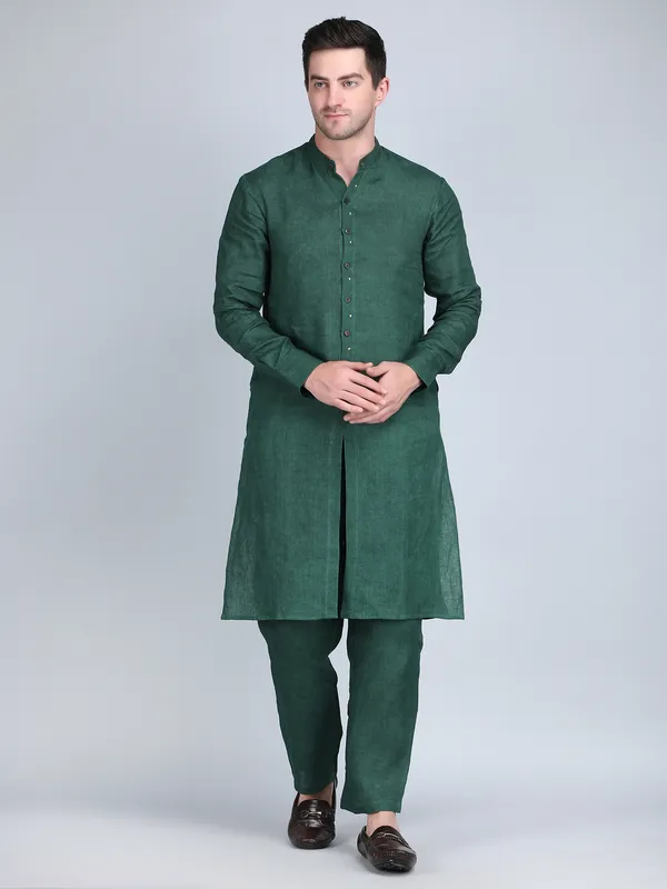 Green_Pure_Linen_Hand_Embroidered_Kurta_With_Pants_For_Men