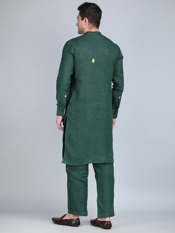 Green_Pure_Linen_Hand_Embroidered_Kurta_With_Pants_For_Men