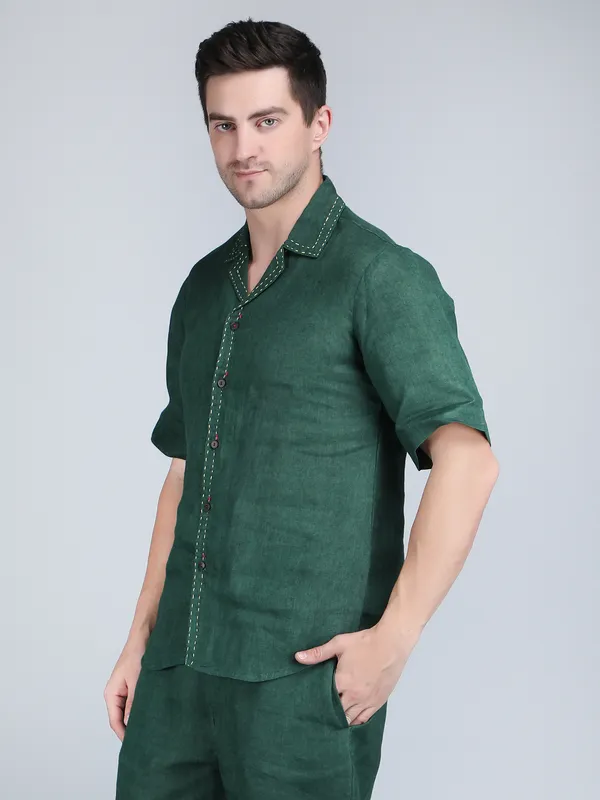 Green_Pure_Linen_Hand_Embroidered_Half_Sleeve_Shirt_For_Men