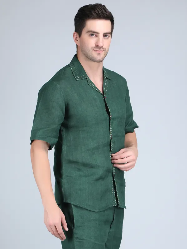Green_Pure_Linen_Hand_Embroidered_Half_Sleeve_Shirt_For_Men