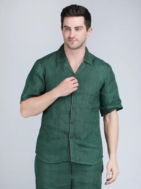 Green_Pure_Linen_Hand_Embroidered_Half_Sleeve_Shirt_For_Men
