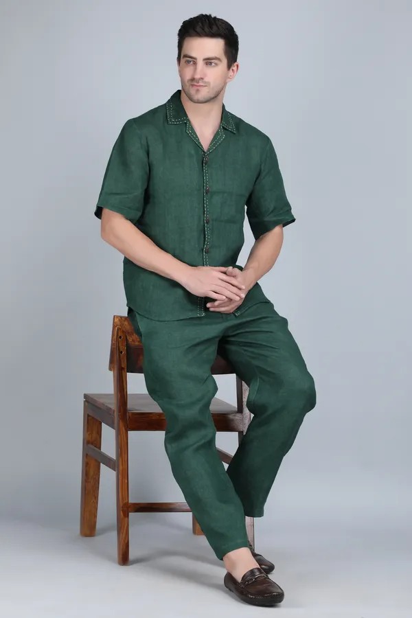 Green_Pure_Linen_Hand_Embroidered_Half_Sleeve_Shirt_For_Men