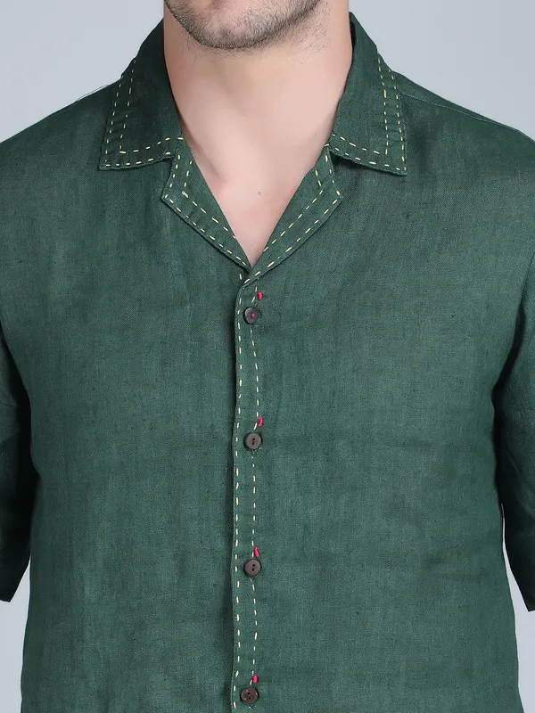 Green_Pure_Linen_Hand_Embroidered_Half_Sleeve_Shirt_For_Men