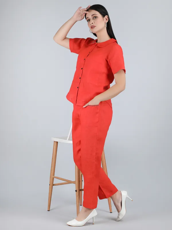 Orange_Pure_Linen_Hand_Embroidered_Collar_Co-Ord_For_Women