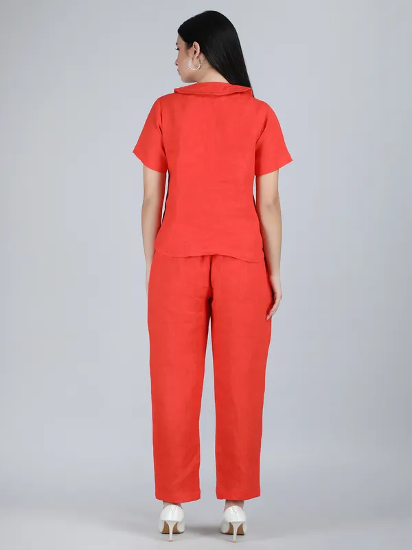 Orange_Pure_Linen_Hand_Embroidered_Collar_Co-Ord_For_Women