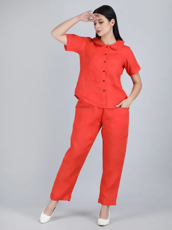 Orange_Pure_Linen_Hand_Embroidered_Collar_Co-Ord_For_Women