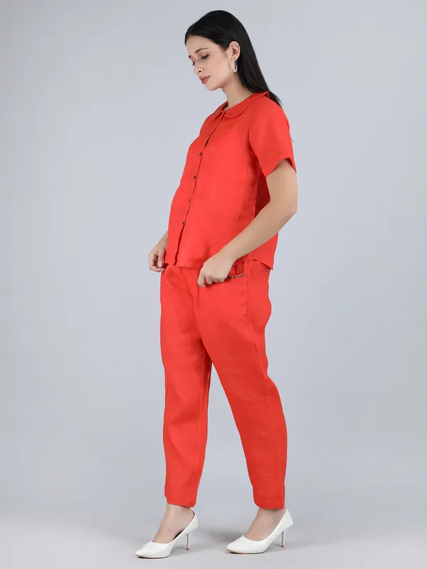 Orange_Pure_Linen_Hand_Embroidered_Collar_Co-Ord_For_Women