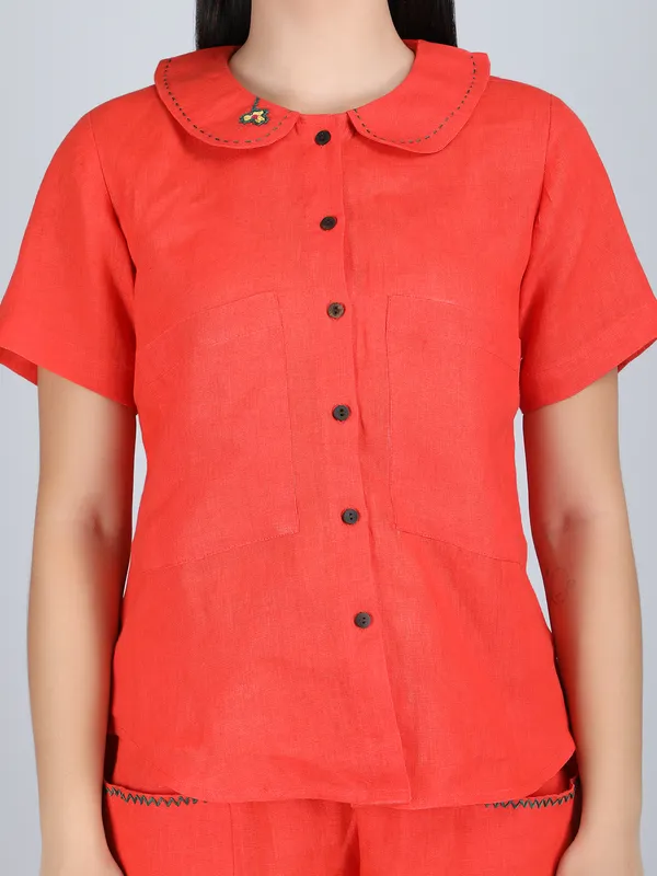 Orange_Pure_Linen_Hand_Embroidered_Collar_Co-Ord_For_Women