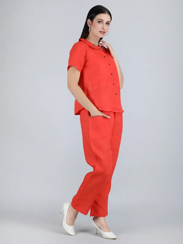 Orange_Pure_Linen_Hand_Embroidered_Collar_Co-Ord_For_Women