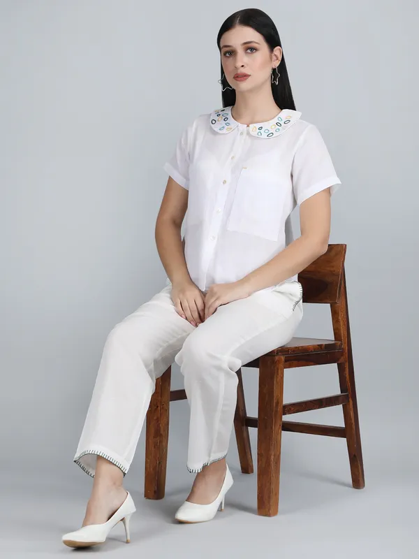 White_Pure_Linen_Hand_Embroidered_Collar_Co-Ord_For_Women