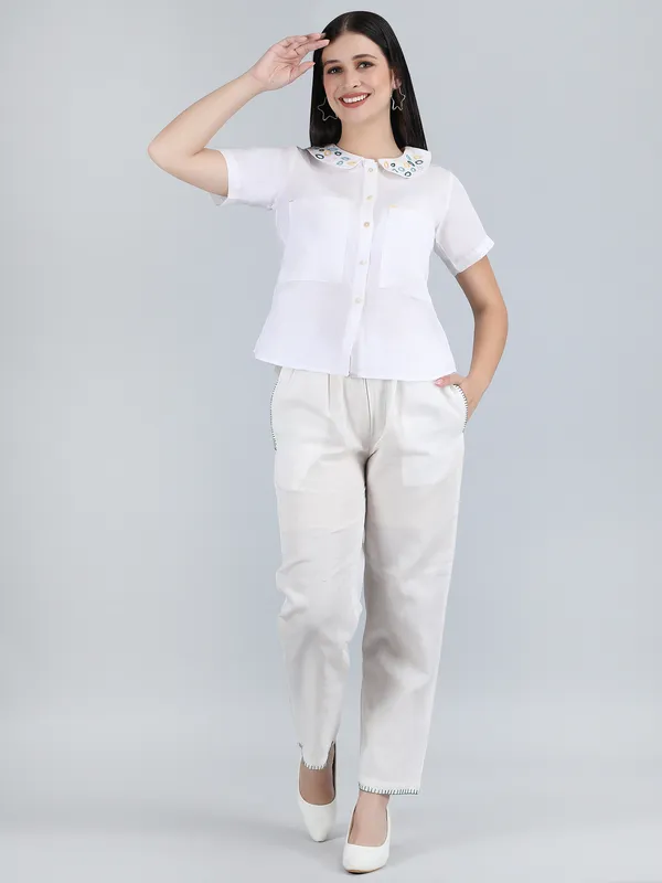 White_Pure_Linen_Hand_Embroidered_Collar_Co-Ord_For_Women