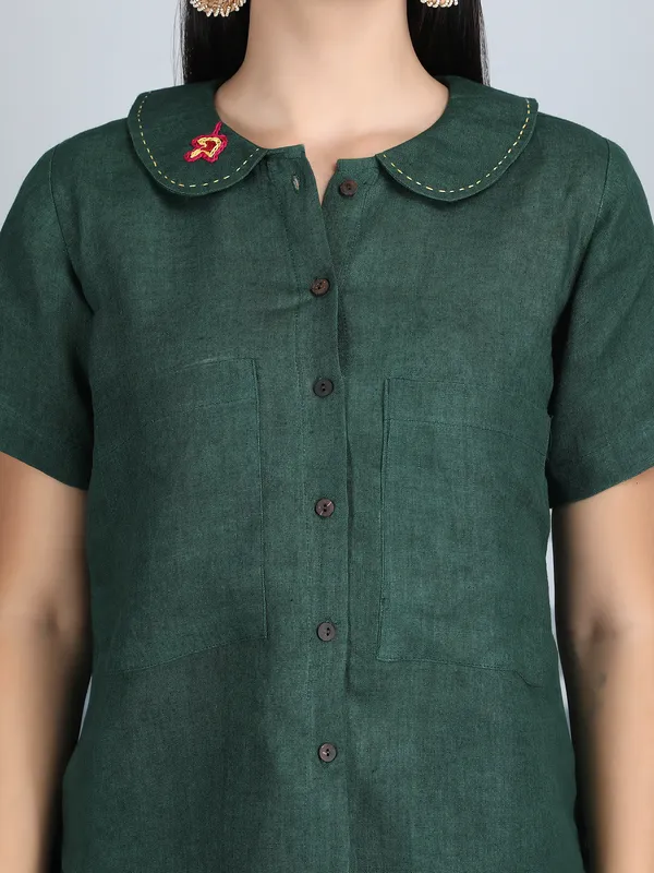 Green_Pure_Linen_Hand_Embroidered_Collar_Co-Ord_For_Women