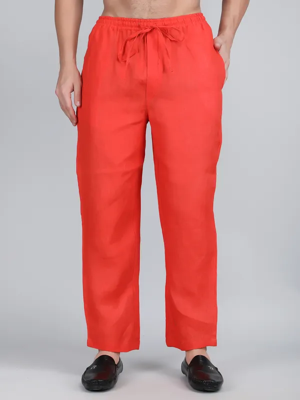 Orange_Pure_Linen_Hand_Embroidered_Pants_For_Men