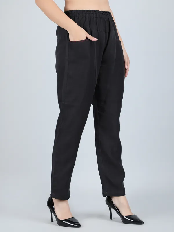Black_Pure_Linen_Hand_Embroidered_Pants_For_Women