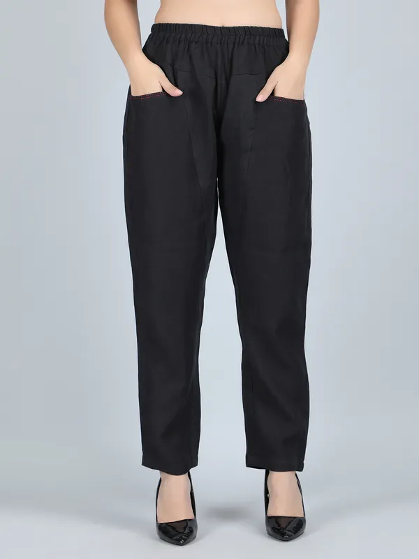 Black_Pure_Linen_Hand_Embroidered_Pants_For_Women