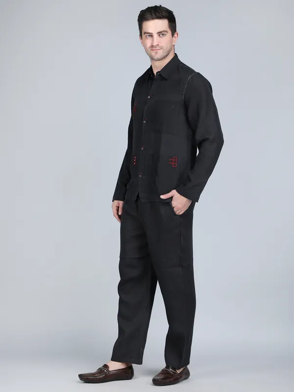 Black_Pure_Linen_Hand_Embroidered_Shirt_With_Pants_Co-Ord_Set_For_Men