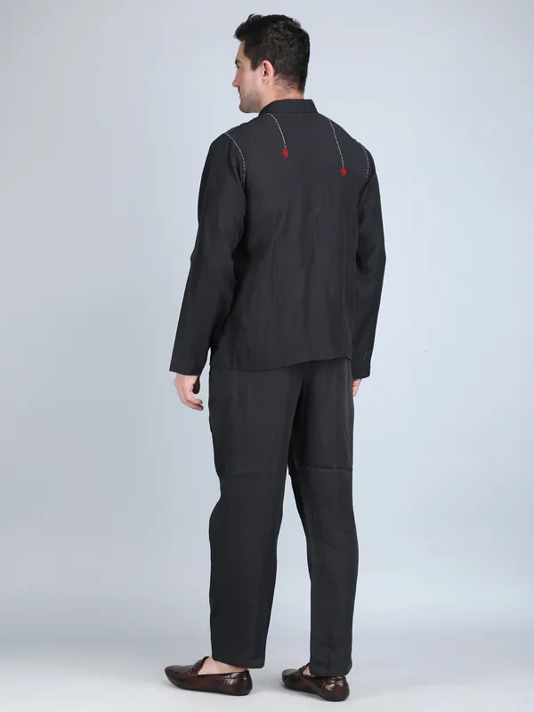 Black_Pure_Linen_Hand_Embroidered_Shirt_With_Pants_Co-Ord_Set_For_Men