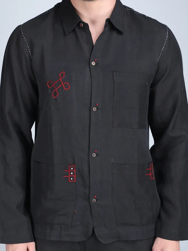 Black_Pure_Linen_Hand_Embroidered_Shirt_With_Pants_Co-Ord_Set_For_Men