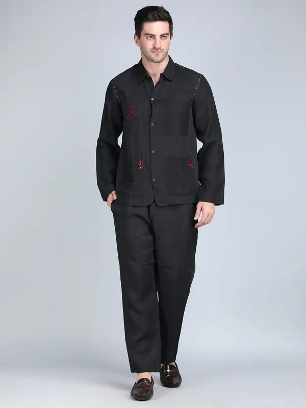 Black_Pure_Linen_Hand_Embroidered_Shirt_With_Pants_Co-Ord_Set_For_Men