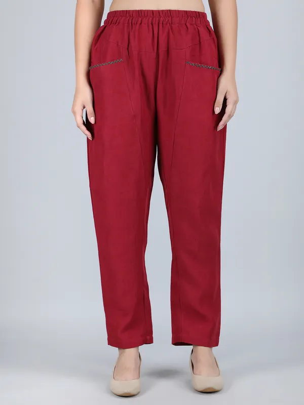 Maroon_Pure_Linen_Hand_Embroidered_Pants_For_Women