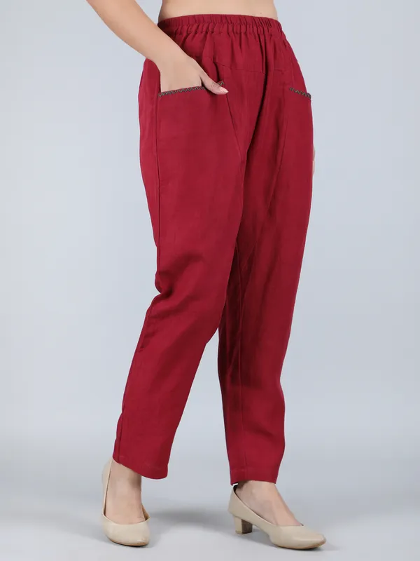Maroon_Pure_Linen_Hand_Embroidered_Pants_For_Women