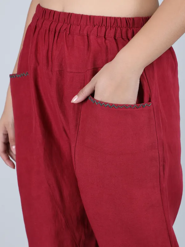 Maroon_Pure_Linen_Hand_Embroidered_Pants_For_Women