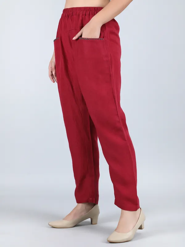 Maroon_Pure_Linen_Hand_Embroidered_Pants_For_Women