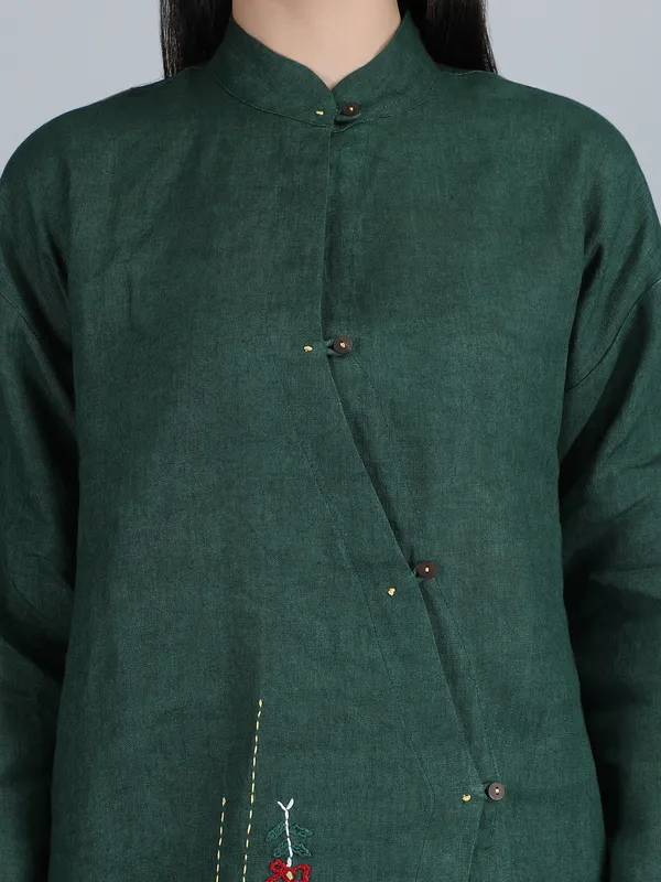 Forest_Green_Pure_Linen_Hand_Embroidered_Zig_Zag_Placket_Shirt_For_Women