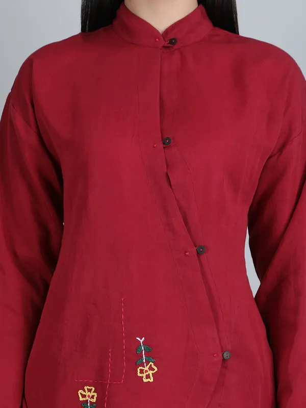 Maroon_Pure_Linen_Hand_Embroidered_Zig_Zag_Placket_Shirt_For_Women