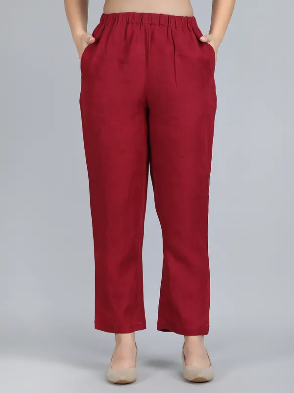 Maroon_Pure_Linen_Hand_Embroidered_Pants_For_Women