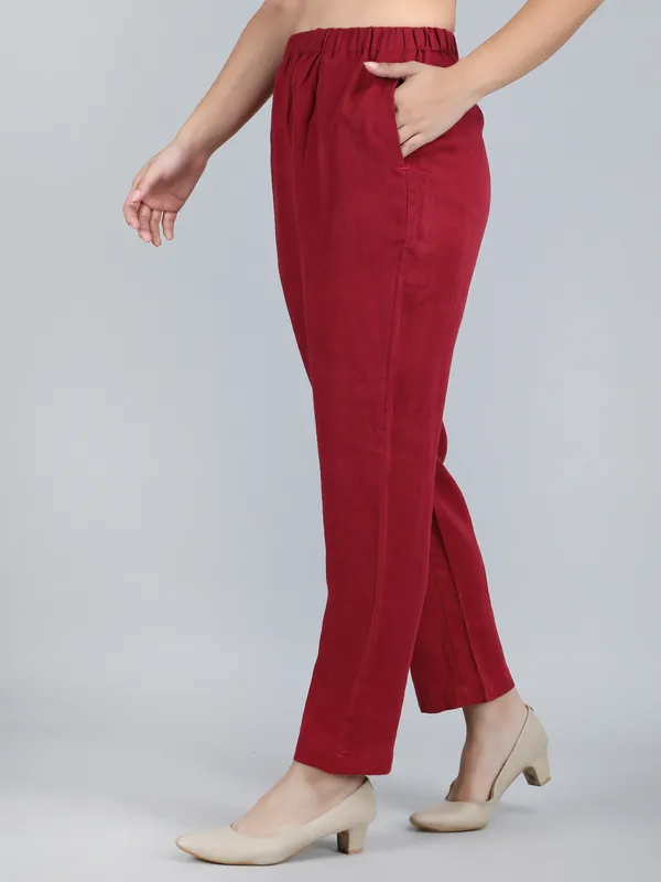 Maroon_Pure_Linen_Hand_Embroidered_Pants_For_Women
