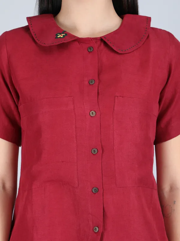 Maroon_Pure_Linen_Hand_Embroidered_Collar_Co-Ord_For_Women