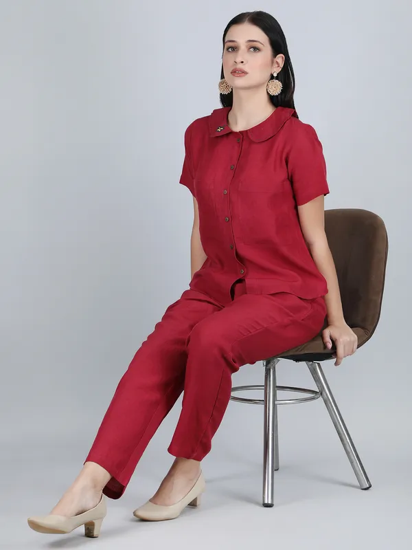 Maroon_Pure_Linen_Hand_Embroidered_Collar_Co-Ord_For_Women