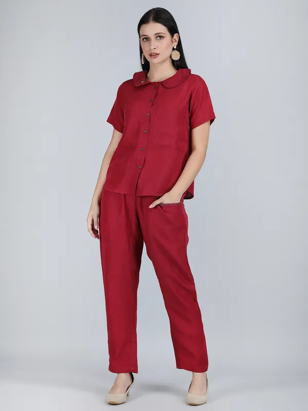 Maroon_Pure_Linen_Hand_Embroidered_Collar_Co-Ord_For_Women