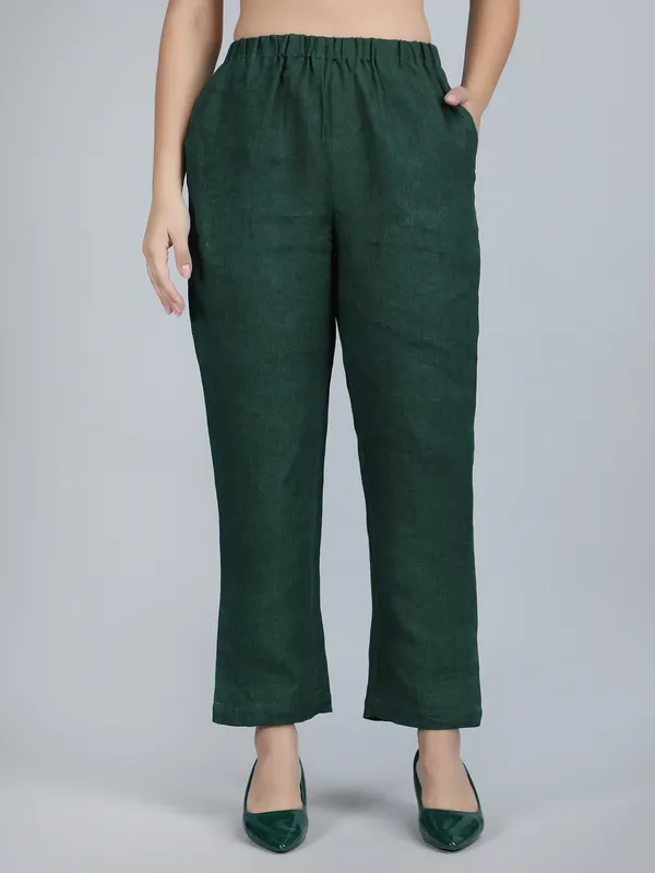 Green_Pure_Linen_Hand_Embroidered_Pants_For_Women