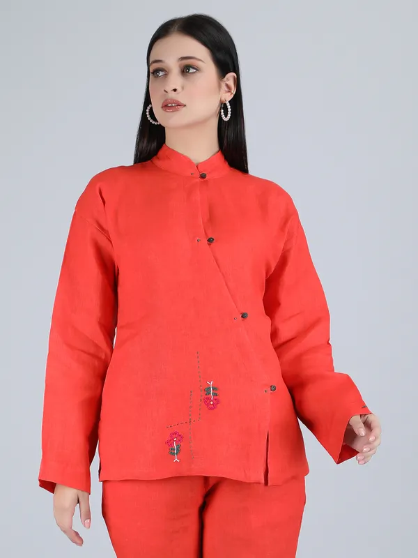 Orange_Pure_Linen_Hand_Embroidered_Zig_Zag_Placket_Shirt_For_Women