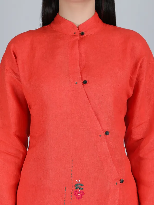 Orange_Pure_Linen_Hand_Embroidered_Zig_Zag_Placket_Shirt_For_Women