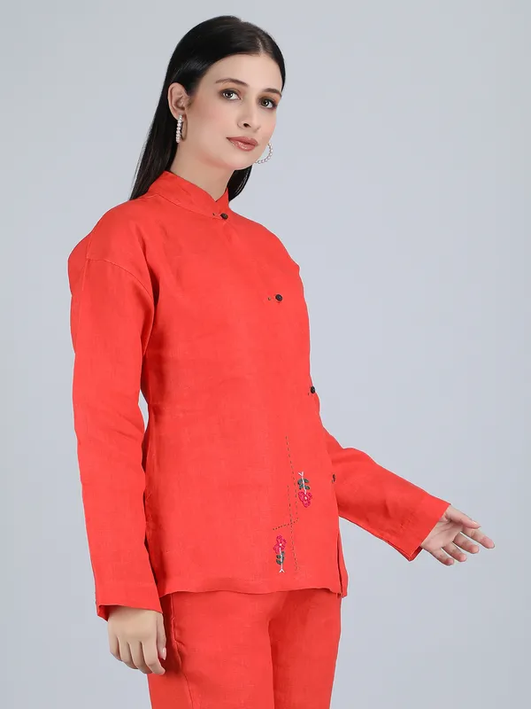 Orange_Pure_Linen_Hand_Embroidered_Zig_Zag_Placket_Shirt_For_Women