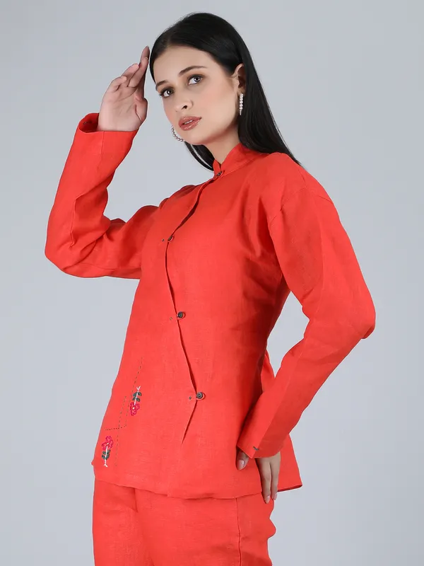 Orange_Pure_Linen_Hand_Embroidered_Zig_Zag_Placket_Shirt_For_Women